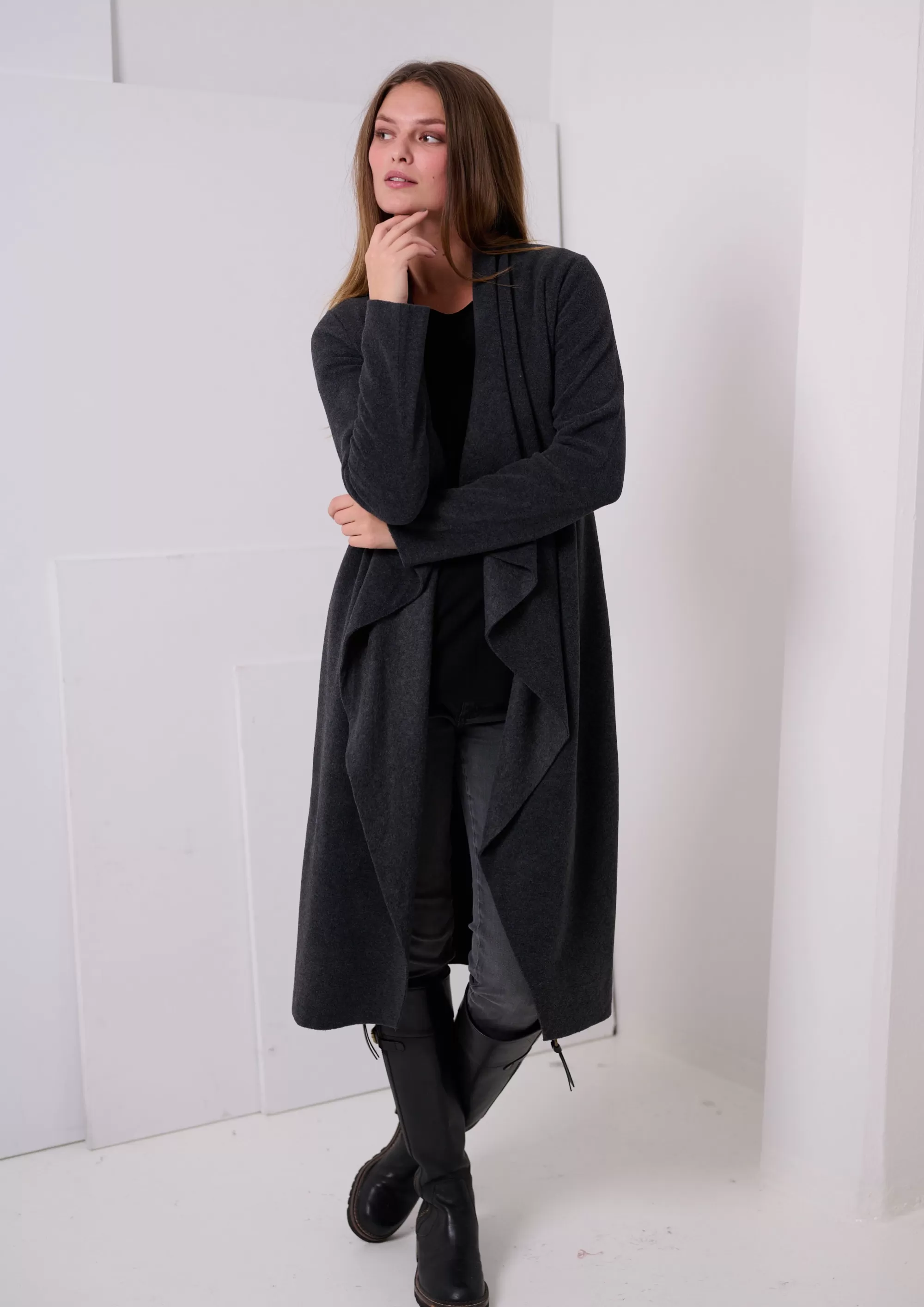 Henriette Steffensen Copenhagen LANGE CARDIGAN M/ WASSERFALL | 7131 SOFT BLACK Discount